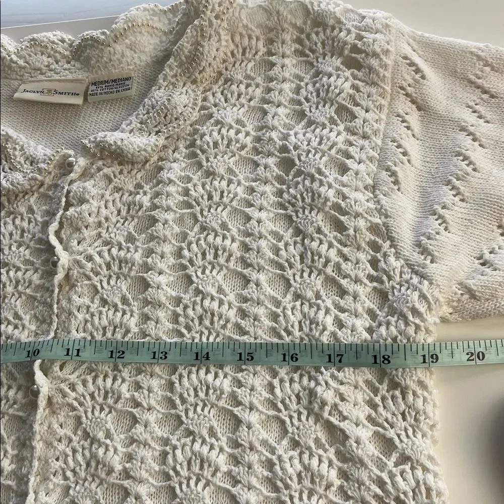Vintage Crochet Granny Collared Short Sleeves Sweater Size M Pearls Cottage Twee